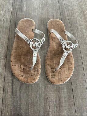Michael Kors Silver Logo Cork-Style Thong Sandals Size 7